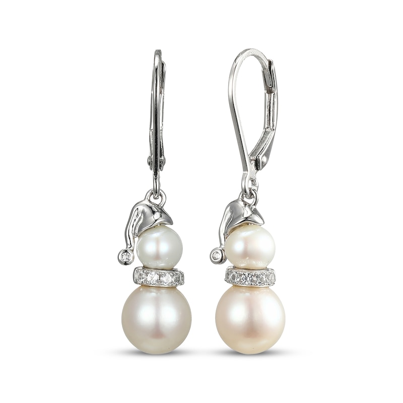 Main Image 1 of Cultured Pearl & White Lab-Created Sapphire Snowman Dangle Earrings Sterling Silver