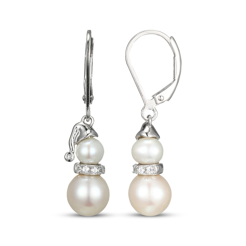 Main Image 3 of Cultured Pearl & White Lab-Created Sapphire Snowman Dangle Earrings Sterling Silver