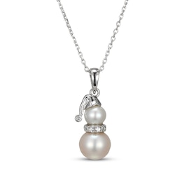 Cultured Pearl & White Lab-Created Sapphire Snowman Necklace Sterling Silver 18"
