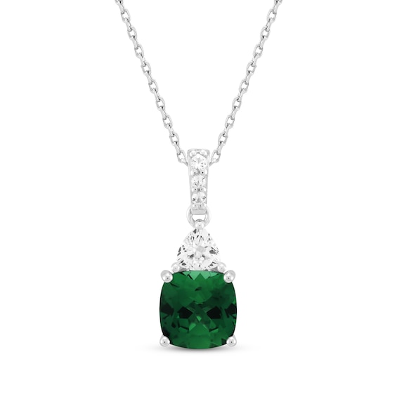 Cushion-Cut Lab-Created Emerald & White Lab-Created Sapphire Necklace Sterling Silver 18"