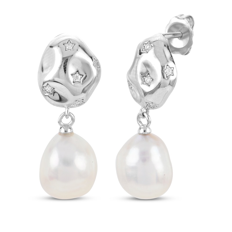 Main Image 1 of Baroque Cultured Pearl & White Lab-Created Sapphire Drop Earrings Sterling Silver
