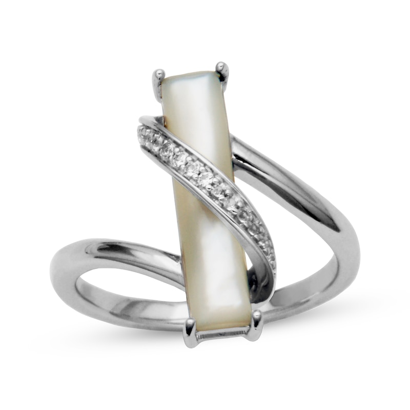 Main Image 1 of Baguette-Cut Mother-of-Pearl & White Lab-Created Sapphire Wave Ring Sterling Silver