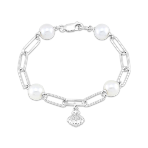 Cultured South Sea Pearl & White Lab-Created Sapphire Shell Charm Paperclip Bracelet Sterling Silver 7.25"