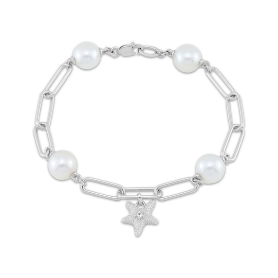Cultured South Sea Pearl & White Lab-Created Sapphire Starfish Charm Paperclip Bracelet Sterling Silver 7.25"
