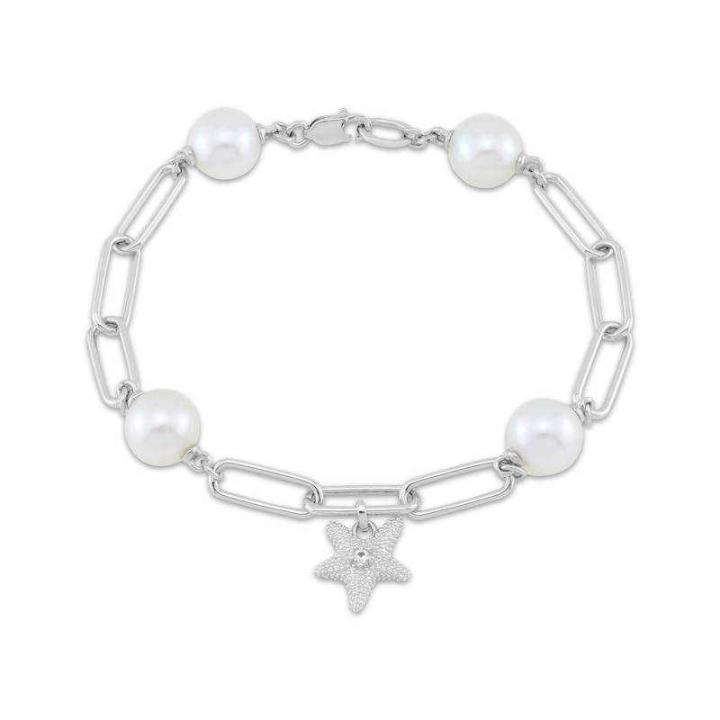 Cultured South Sea Pearl & White Lab-Created Sapphire Starfish Charm Paperclip Bracelet Sterling Silver 7.25"