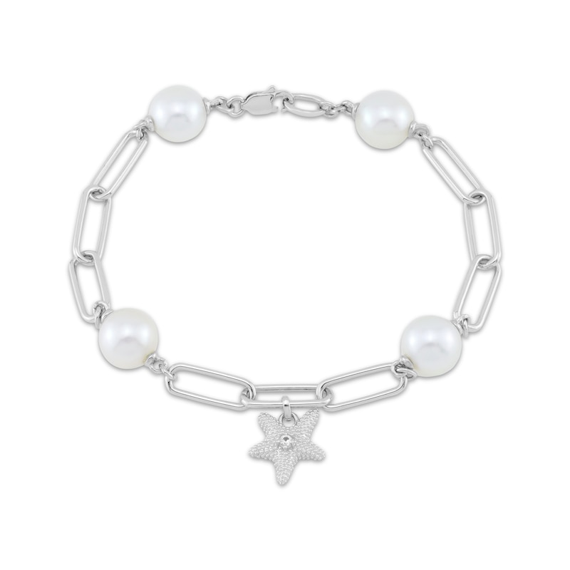 Main Image 1 of Cultured South Sea Pearl & White Lab-Created Sapphire Starfish Charm Paperclip Bracelet Sterling Silver 7.25&quot;