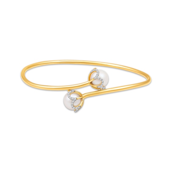 Cultured Pearl & Diamond Bypass Flower Bangle Bracelet 1/4 ct tw 10K Yellow Gold
