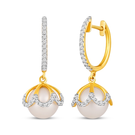 Cultured Pearl & Diamond Drop Earrings 1/4 ct tw 10K Yellow Gold