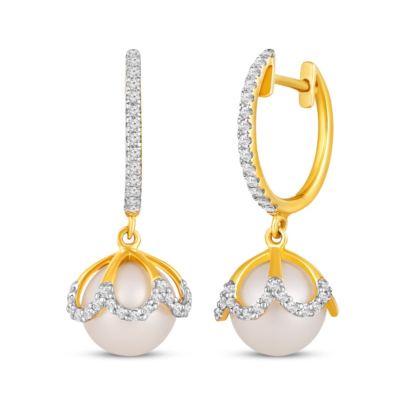 Cultured Pearl & Diamond Drop Earrings 1/4 ct tw 10K Yellow Gold