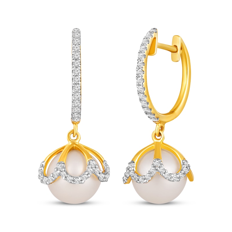 Main Image 1 of Cultured Pearl & Diamond Drop Earrings 1/4 ct tw 10K Yellow Gold