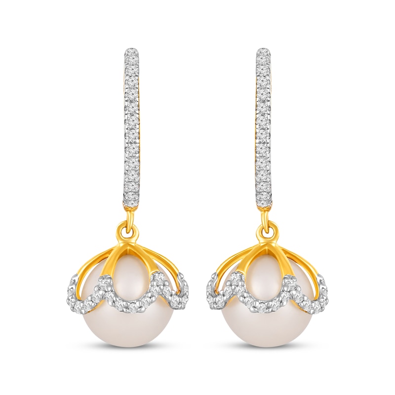 Main Image 2 of Cultured Pearl & Diamond Drop Earrings 1/4 ct tw 10K Yellow Gold
