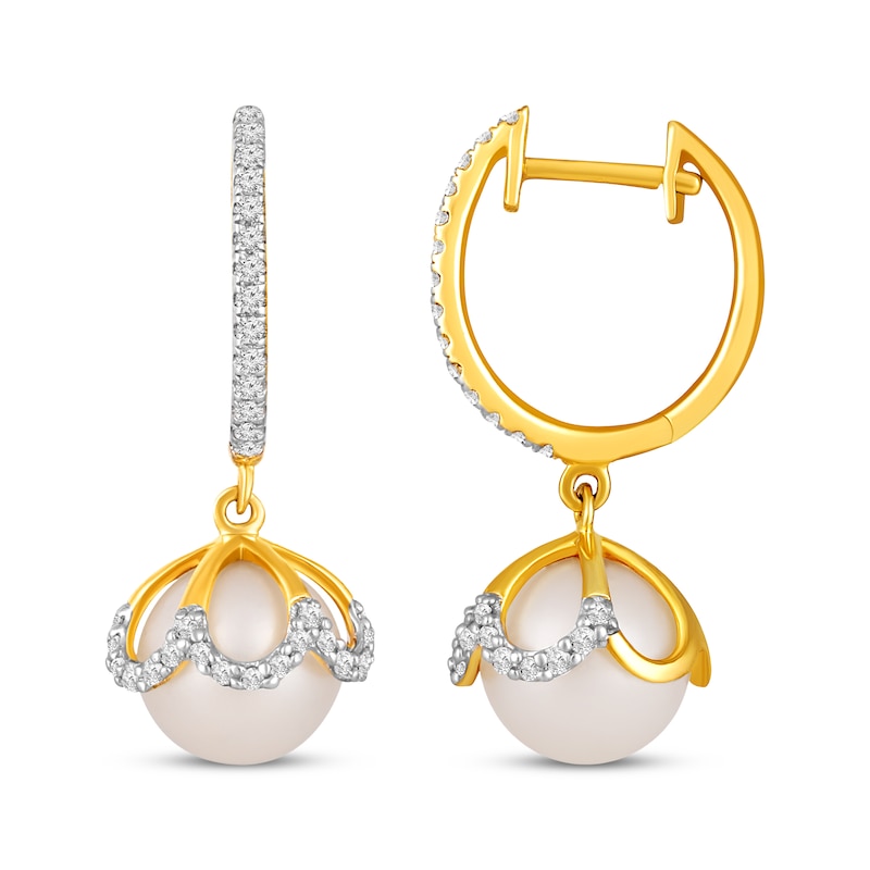 Main Image 3 of Cultured Pearl & Diamond Drop Earrings 1/4 ct tw 10K Yellow Gold