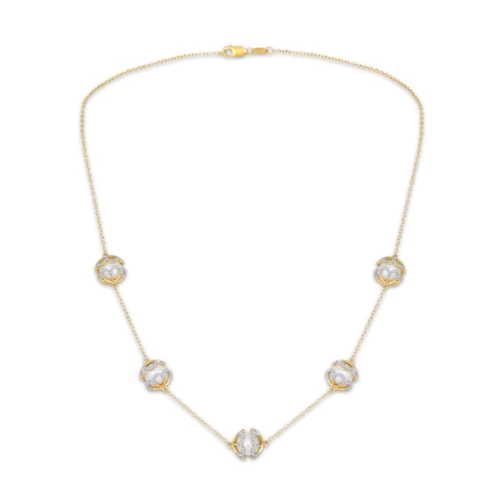 Cultured Pearl & Diamond Station Necklace 5/8 ct tw 10K Yellow Gold 18"