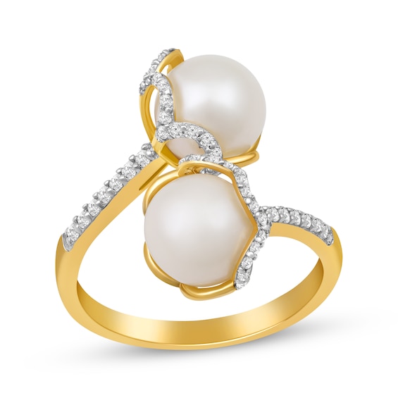 Cultured Pearl & Diamond Bypass Ring 1/4 ct tw 10K Yellow Gold