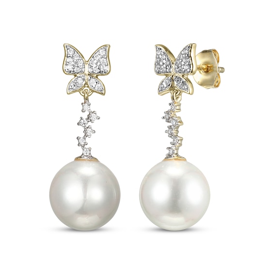Cultured Pearl & Diamond Butterfly Drop Earrings 1/6 ct tw 10K Yellow Gold