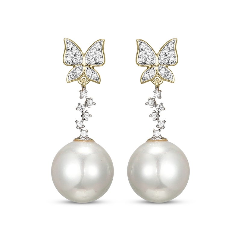 Main Image 2 of Cultured Pearl & Diamond Butterfly Drop Earrings 1/6 ct tw 10K Yellow Gold