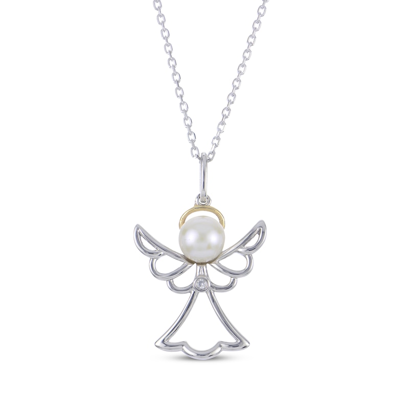 Main Image 1 of Cultured Pearl & Diamond Accent Angel Necklace Sterling Silver & 10K Yellow Gold 18&quot;