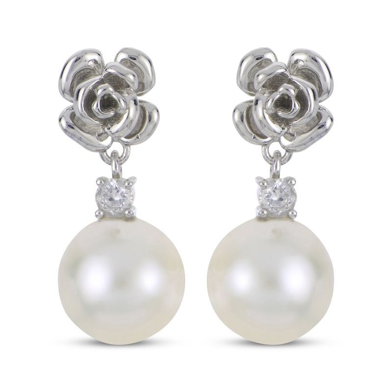Main Image 2 of Cultured Pearl & White Lab-Created Sapphire Flower Dangle Earrings Sterling Silver