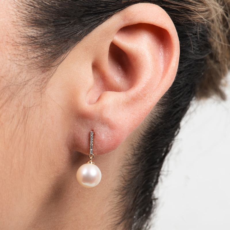 Main Image 3 of Cultured Pearl & Diamond Bar Dangle Earrings 1/20 ct tw 14K Yellow Gold