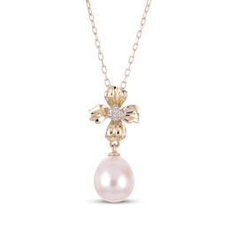 Cultured Pearl & Diamond Accent Flower Necklace 10K Yellow Gold 18"