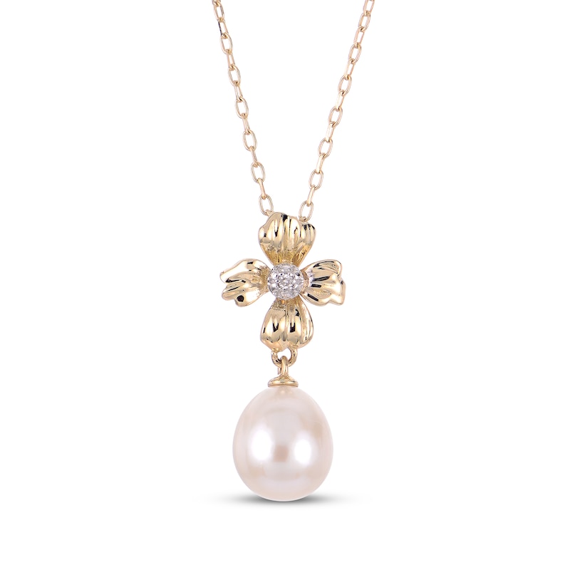 Main Image 1 of Cultured Pearl & Diamond Accent Flower Necklace 10K Yellow Gold 18&quot;