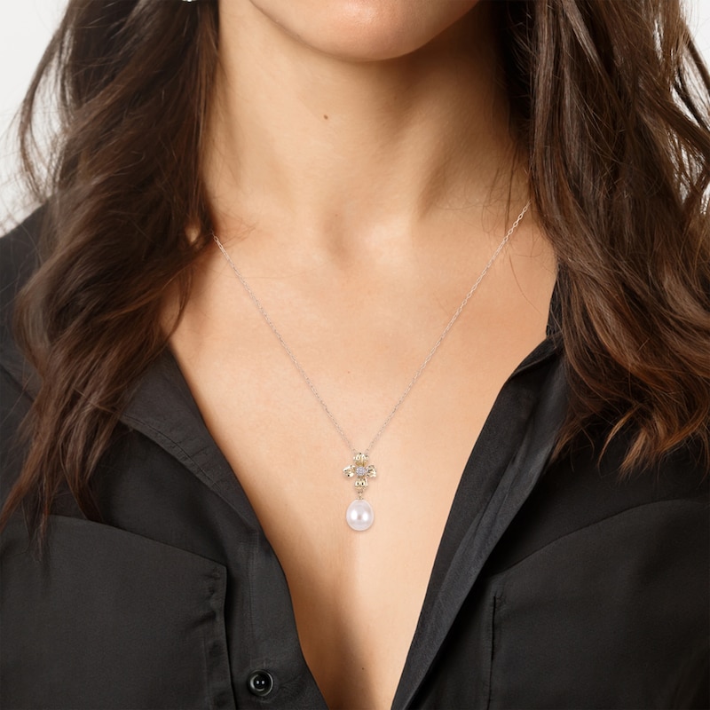 Main Image 4 of Cultured Pearl & Diamond Accent Flower Necklace 10K Yellow Gold 18&quot;