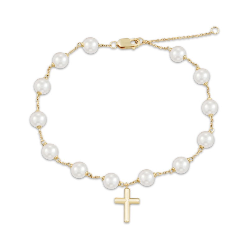 Cultured Pearl Cross Charm Bracelet 10K Yellow Gold 7.5"