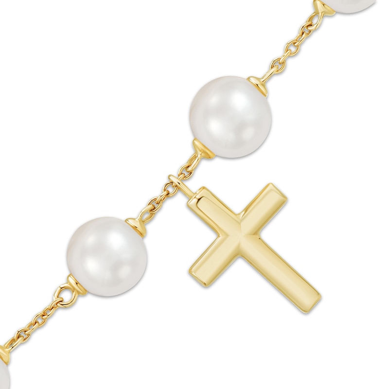 Cultured Pearl Cross Charm Bracelet 10K Yellow Gold 7.5"
