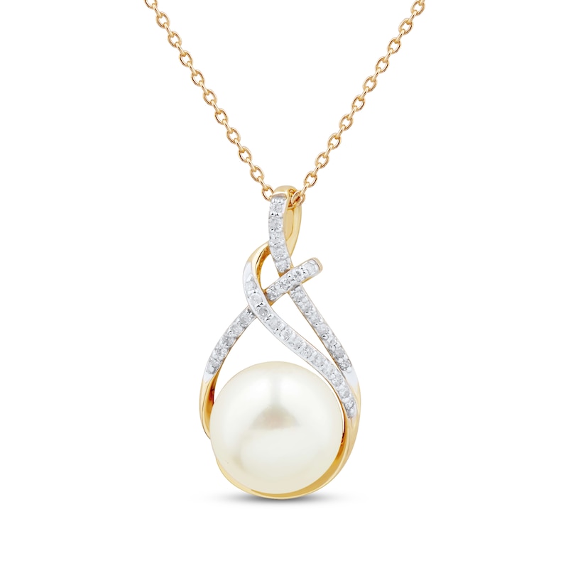 Main Image 1 of Cultured Pearl & Diamond Swirl Necklace 1/10 ct tw 10K Yellow Gold 18&quot;