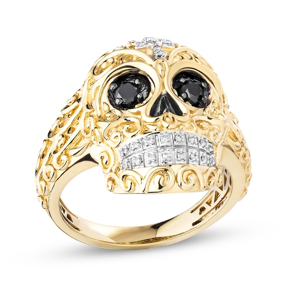Men's Black & White Diamond Skull Ring 3/8 ct tw 10K Yellow Gold