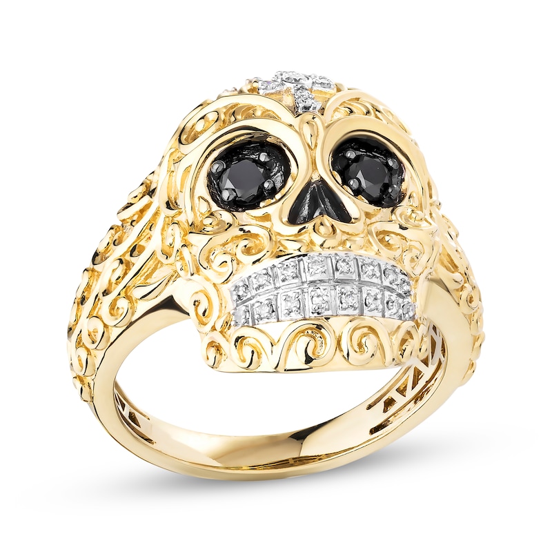 Main Image 1 of Men's Black & White Diamond Skull Ring 3/8 ct tw 10K Yellow Gold
