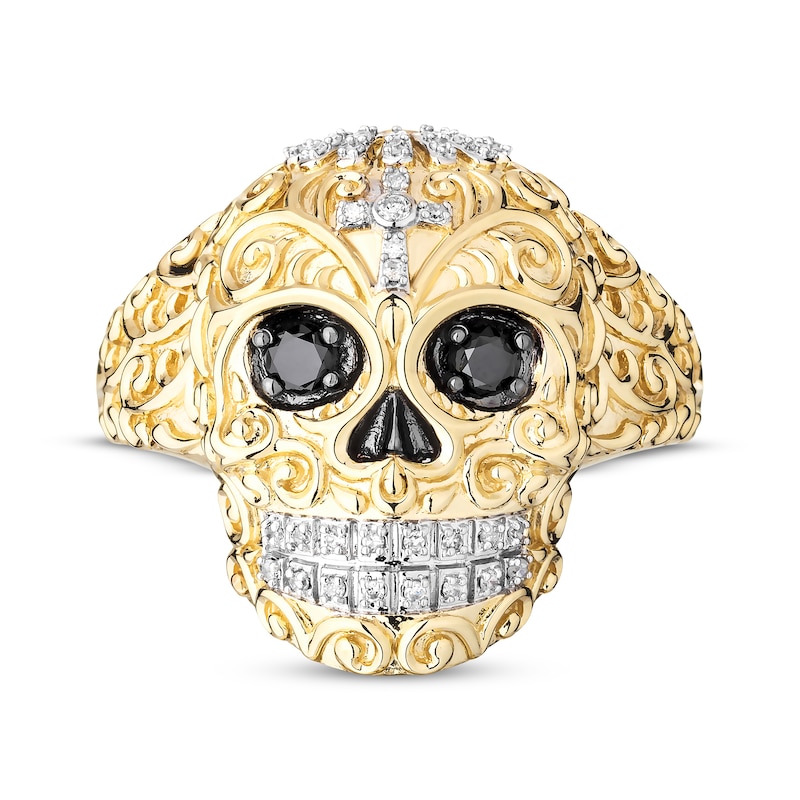 Men's Black & White Diamond Skull Ring 1/2 ct tw 10K Yellow Gold