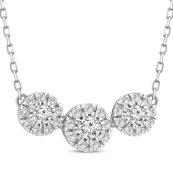 Memories Moments Magic Diamond Three-Stone Halo Necklace 1/3 ct tw 10K White Gold 18.5"