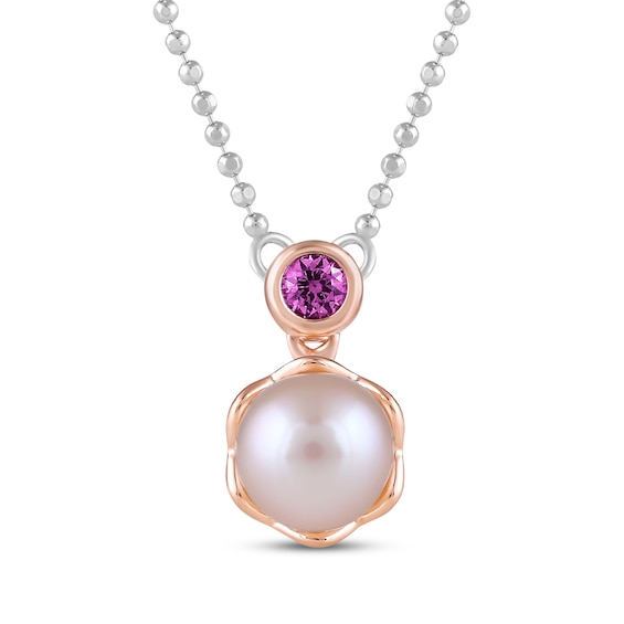 Barbie Pink Cultured Pearl & Pink Lab-Created Sapphire Necklace Sterling Silver & 10K Rose Gold 18"