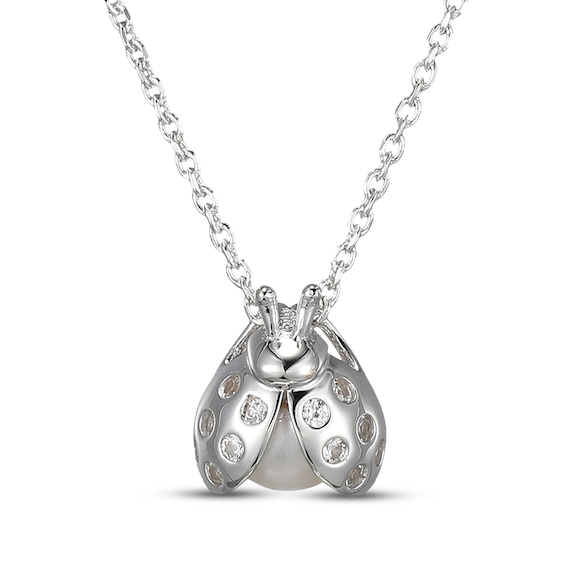 Cultured Pearl & White Lab-Created Sapphire Ladybug Necklace Sterling Silver 18"