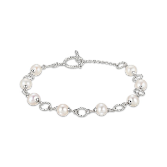 Cultured Pearl & White Lab-Created Sapphire Bracelet Sterling Silver 7.25"