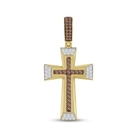 Men's Brown & White Diamond Cross Charm 1-1/4 ct tw 10K Yellow Gold
