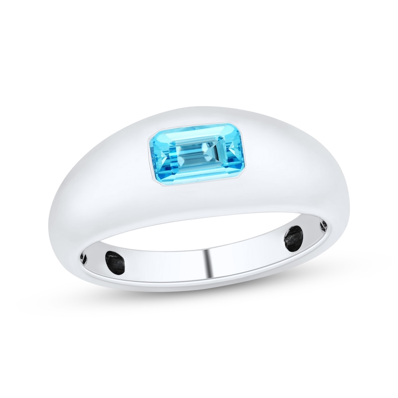 Main Image 1 of Emerald-Cut Swiss Blue Topaz Solitaire Dome Ring 10K White Gold