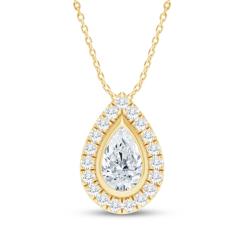 Main Image 1 of KAY Lab-Grown Diamonds Pear-Shaped Halo Necklace 1 ct tw 10K Yellow Gold 18"