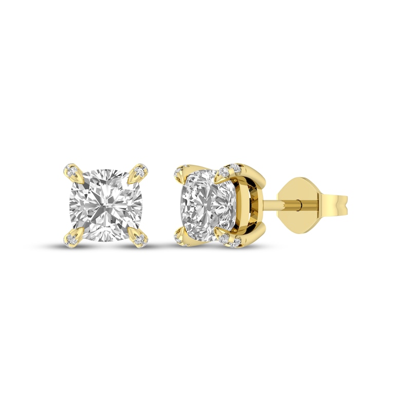 Main Image 1 of Cushion-Cut White Lab-Created Sapphire & Diamond Accent Stud Earrings 10K Yellow Gold