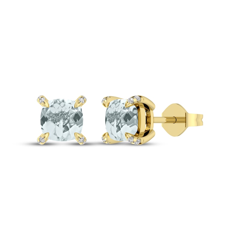Main Image 1 of Cushion-Cut Aquamarine & Diamond Accent Stud Earrings 10K Yellow Gold