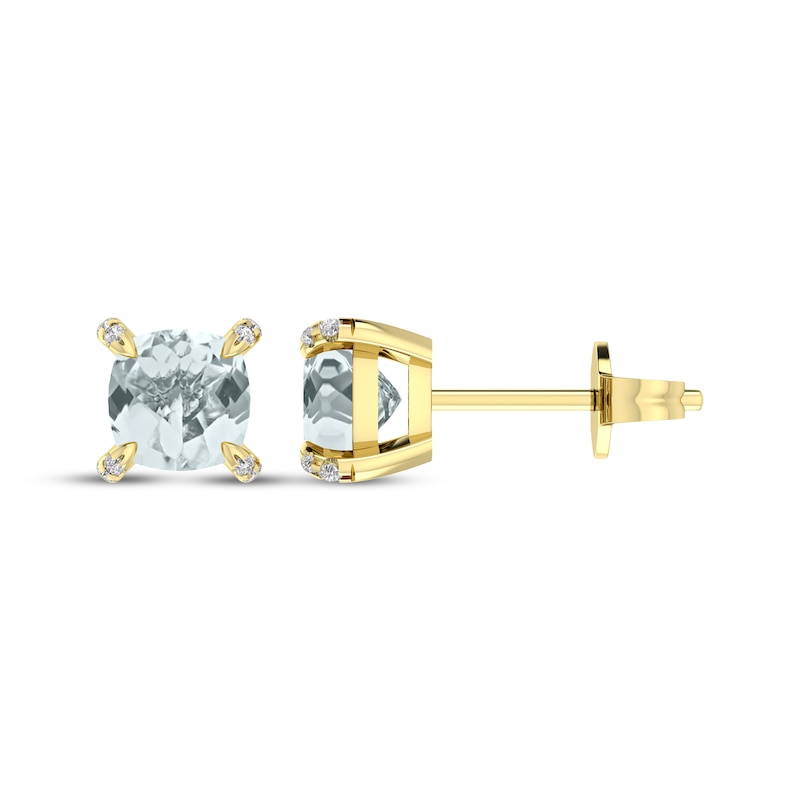 Main Image 3 of Cushion-Cut Aquamarine & Diamond Accent Stud Earrings 10K Yellow Gold