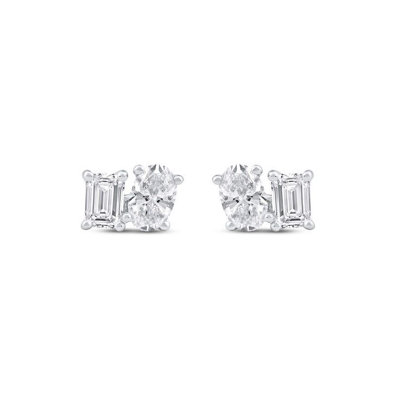Main Image 2 of Toi et Moi Lab-Grown Diamond Emerald & Oval-Cut Stud Earrings 1 ct tw 14K White Gold
