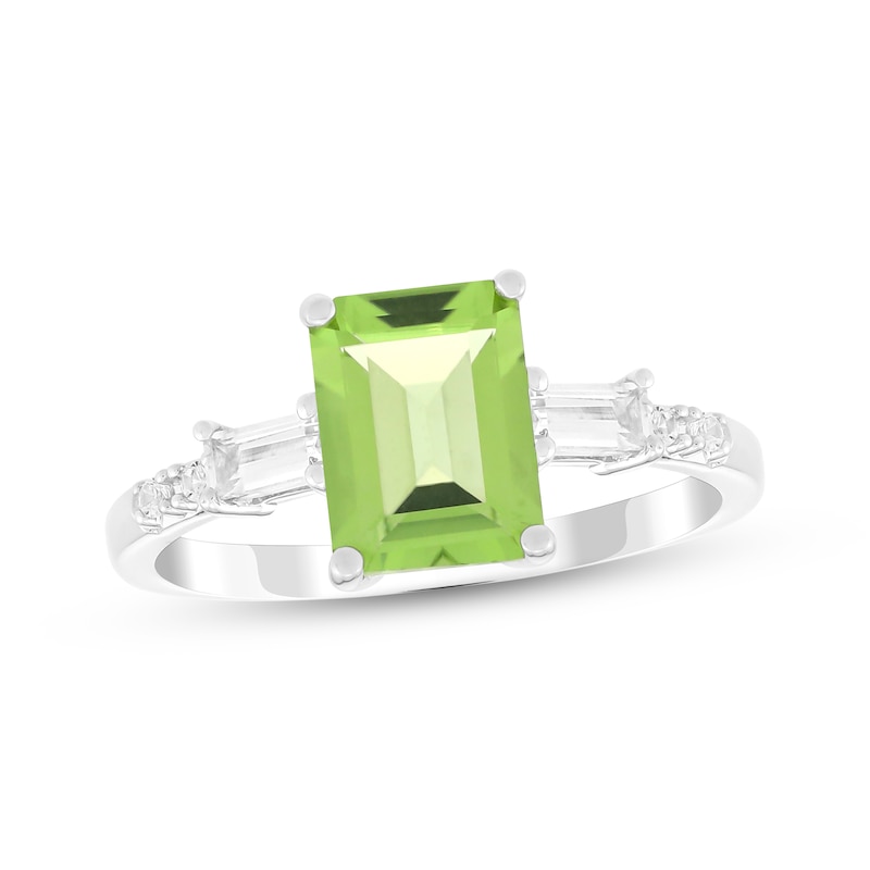 Main Image 1 of Emerald-Cut Peridot & White Lab-Created Sapphire Ring Sterling Silver