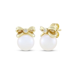 Cultured Pearl & Diamond Accent Bow Stud Earrings 10K Yellow Gold