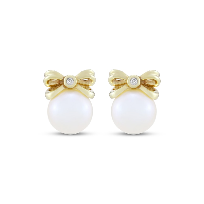Main Image 2 of Cultured Pearl & Diamond Accent Bow Stud Earrings 10K Yellow Gold