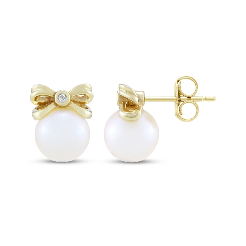 Main Image 3 of Cultured Pearl & Diamond Accent Bow Stud Earrings 10K Yellow Gold