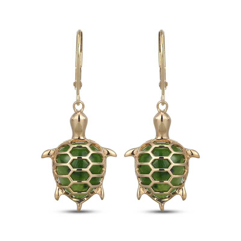 Main Image 2 of Pear-Shaped Nephrite Jade Turtle Dangle Earrings 14K Yellow Gold