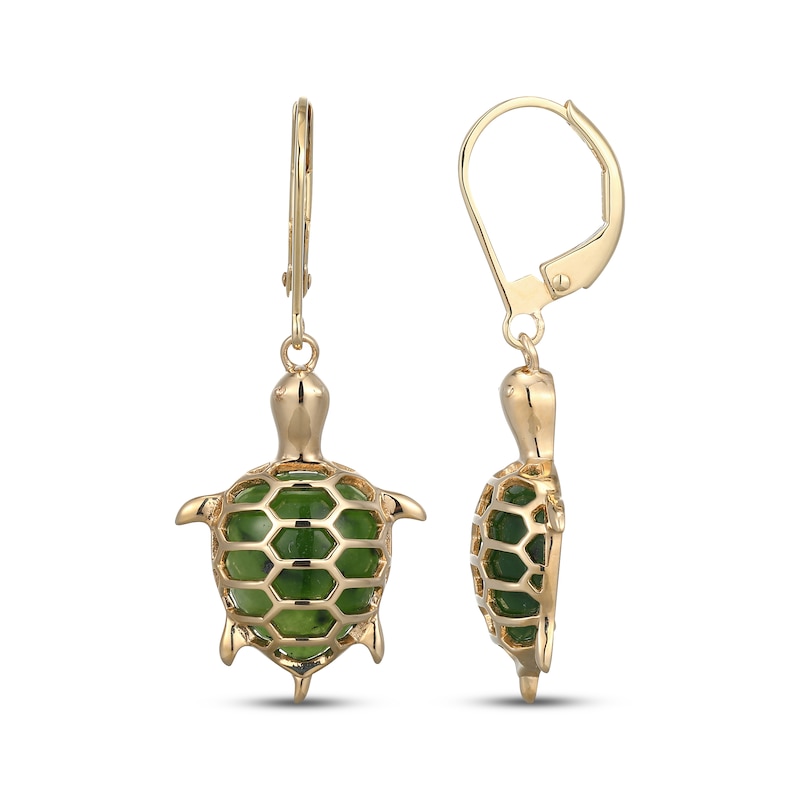 Main Image 3 of Pear-Shaped Nephrite Jade Turtle Dangle Earrings 14K Yellow Gold