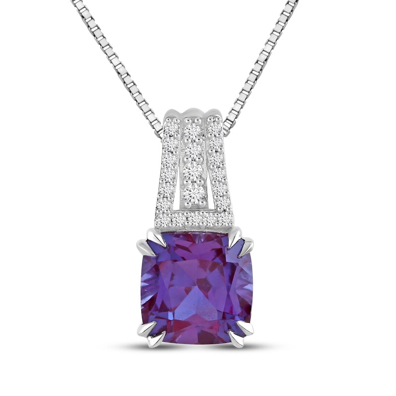 Main Image 1 of Cushion-Cut Lab-Created Alexandrite & White Lab-Created Sapphire Drop Necklace Sterling Silver 18"